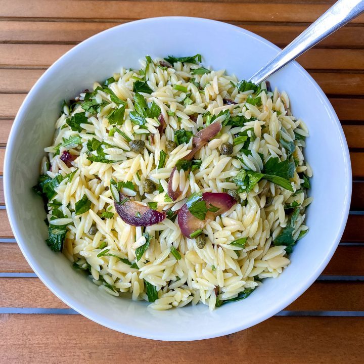 Orzo Pasta Salad in a white bowl square photo0