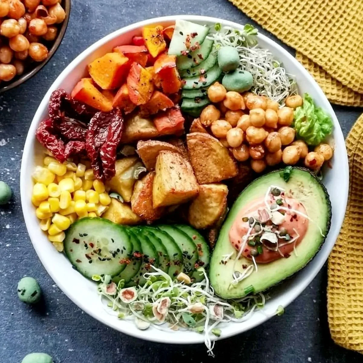 Salad Category Image of a salad bowl filled with corn, chickpeas, potatoes, greens, avocado.