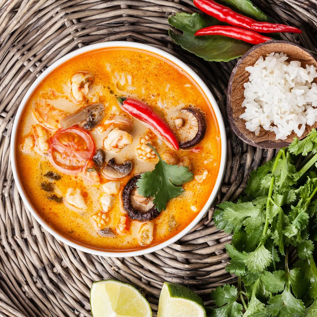 Soup Category Bowl of delicious soup surrounded by fresh vegetables and rice.