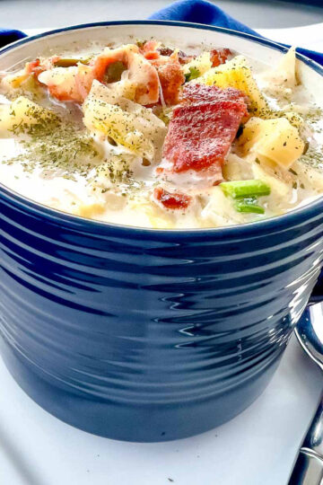 Potato Leek Soup close up square image.