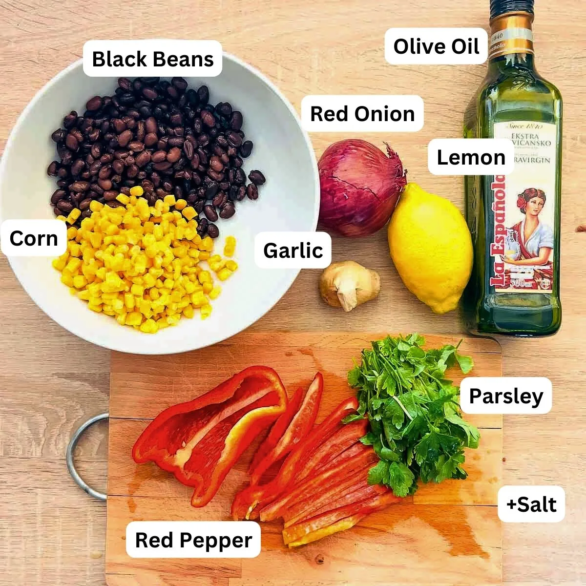 Ingredients Display For Black Bean Corn Salad.