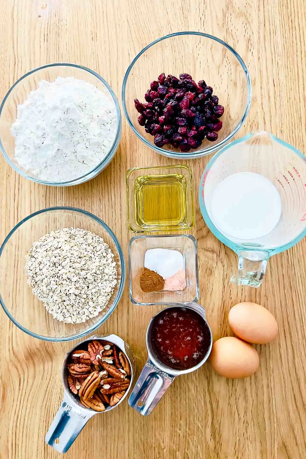 Ingredients display for cranberry oatmeal quick bread.