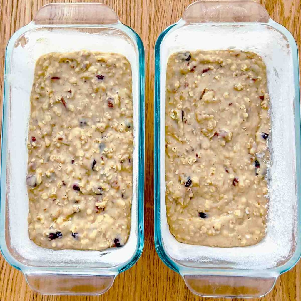 Unbaked batter in baking pans.