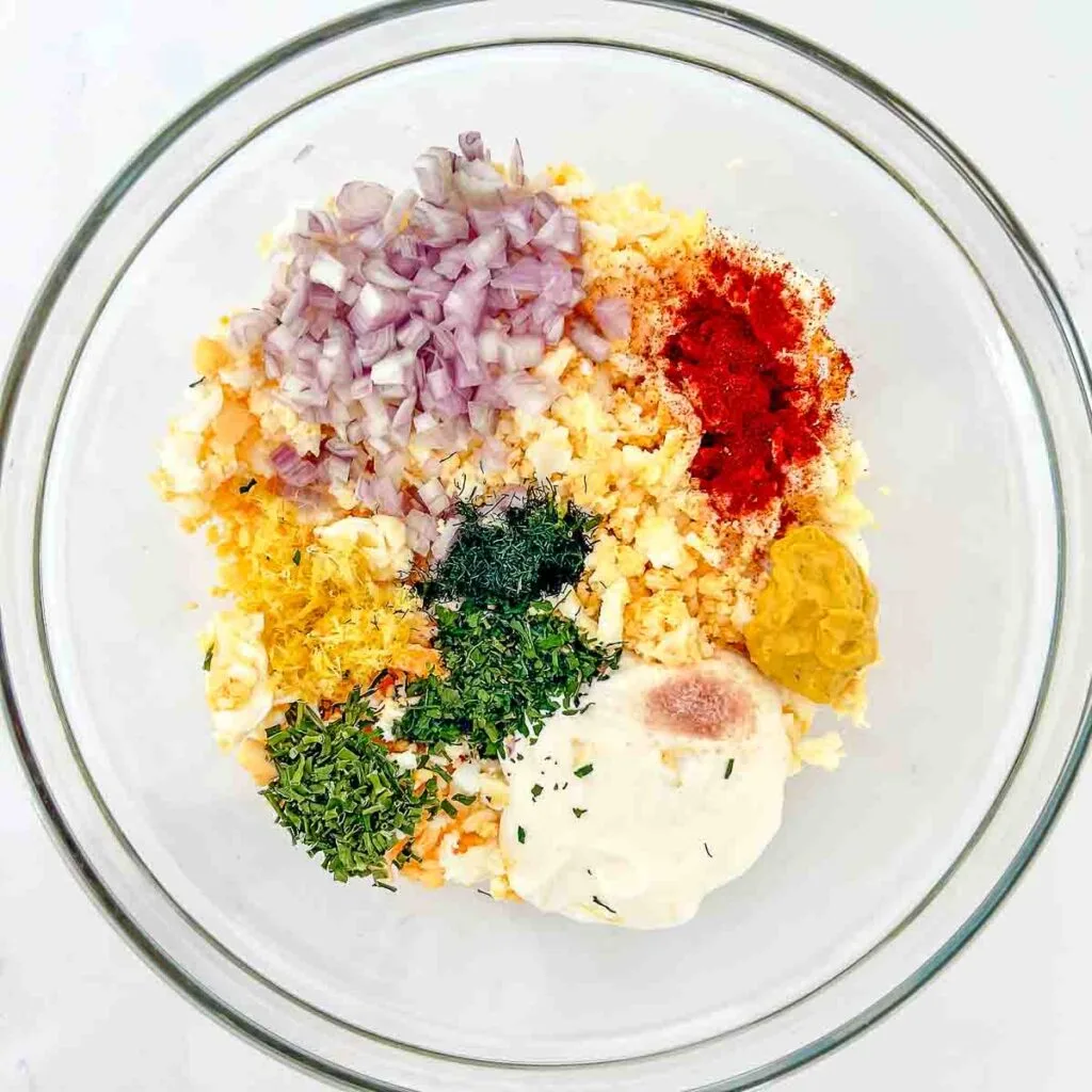 Egg Salad With Cream cheese Ingredients in a bowl.