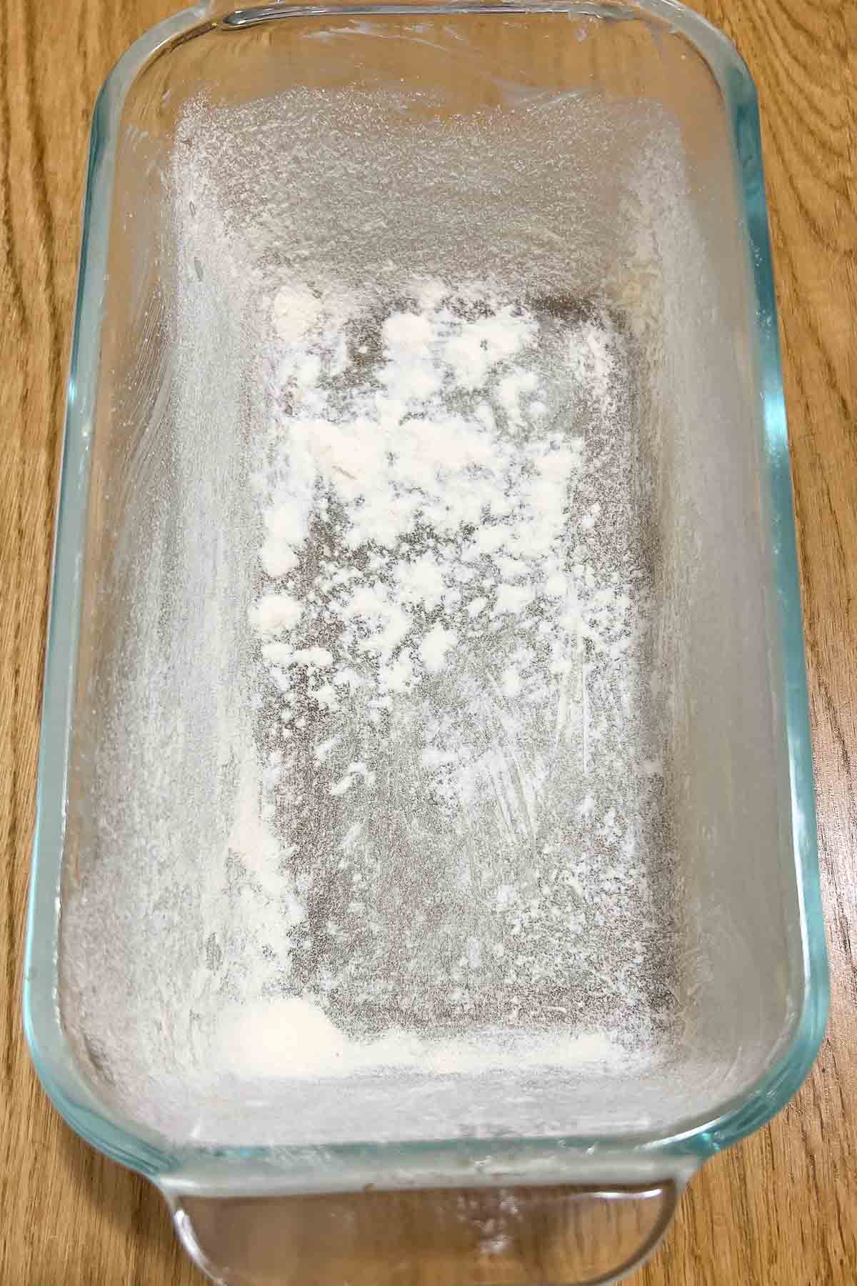 Baking loaf pan buttered and floured.