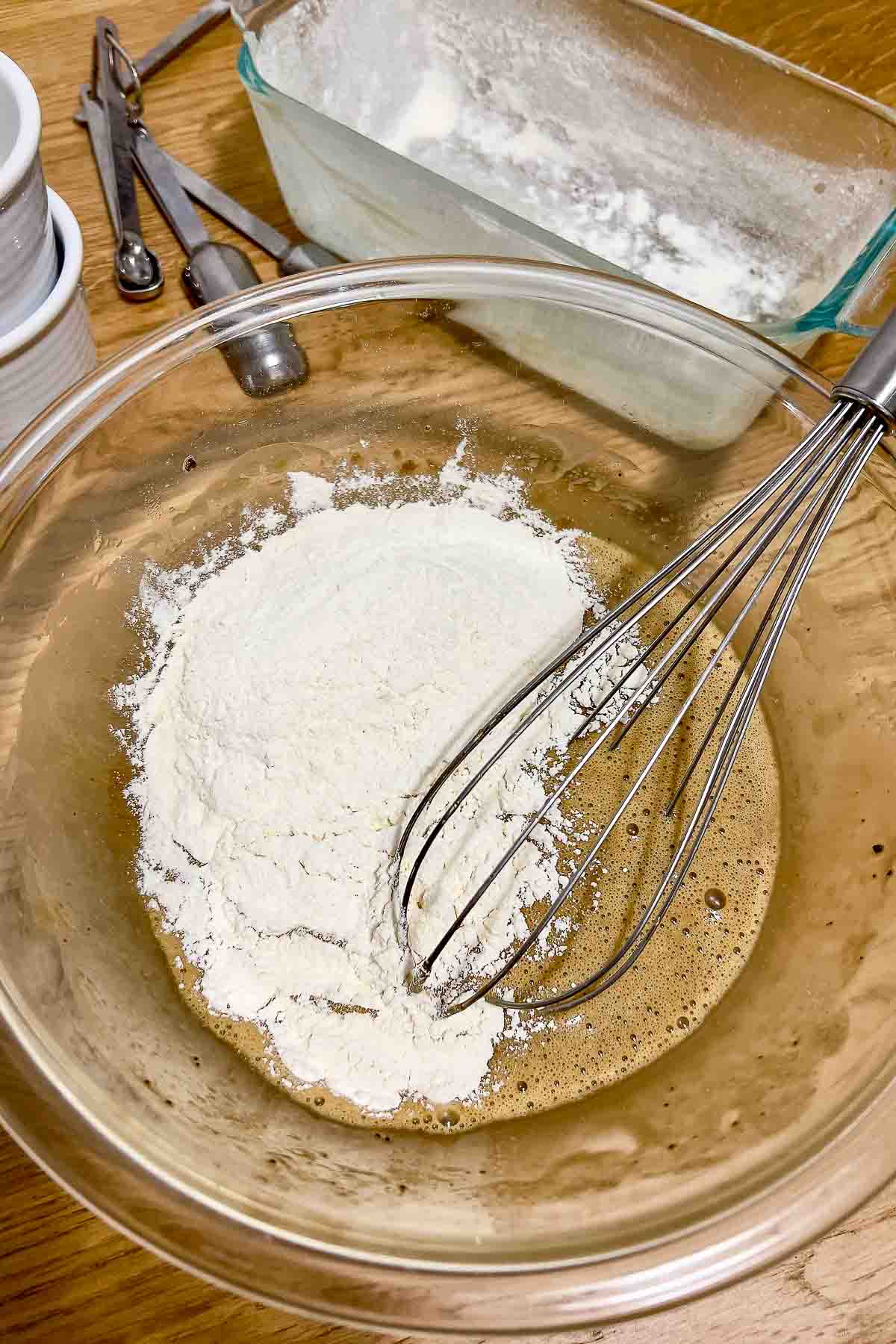 Wet ingredients mixed with dry ingredients.