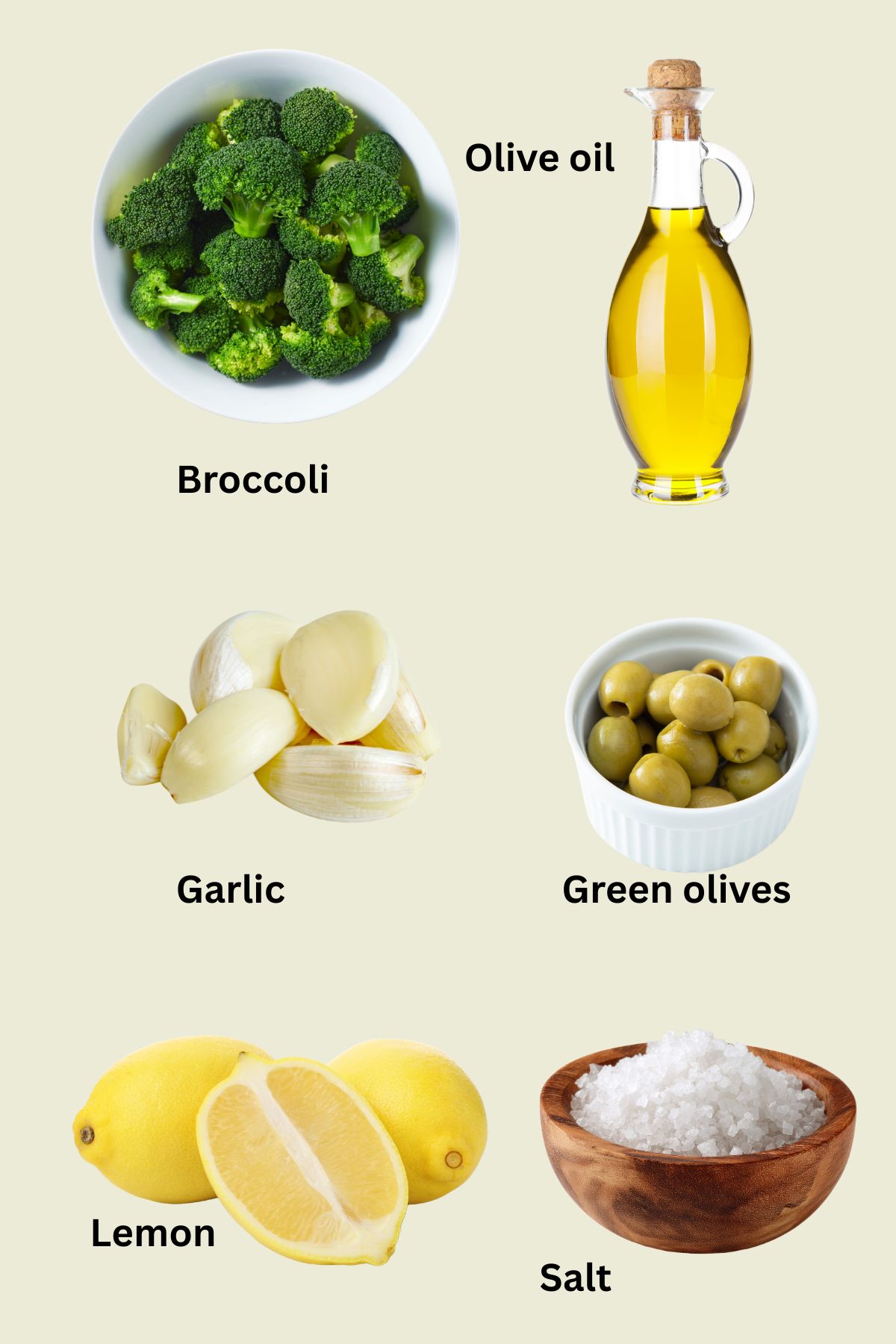 Roasted broccoli with olives ingredients collage.