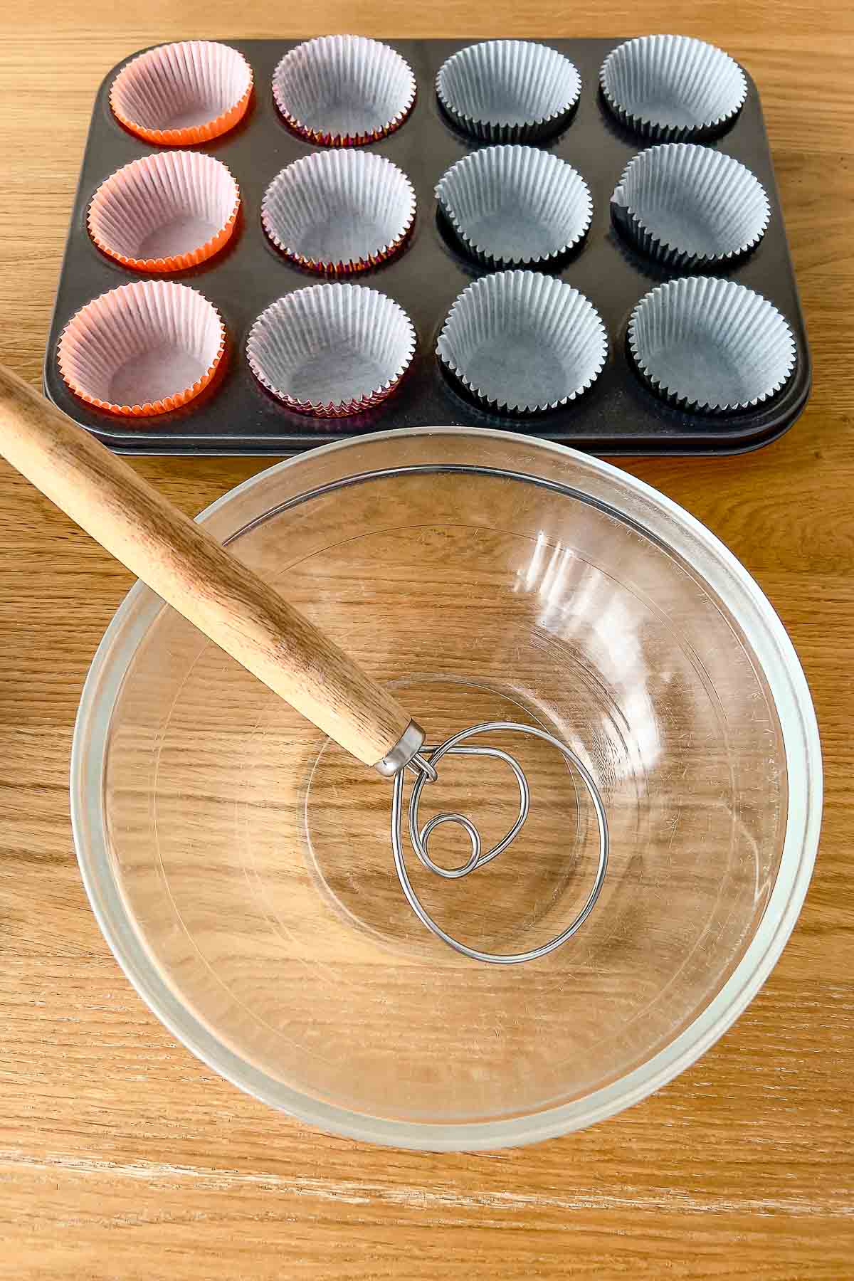 Baking tools for making applesauce muffins.