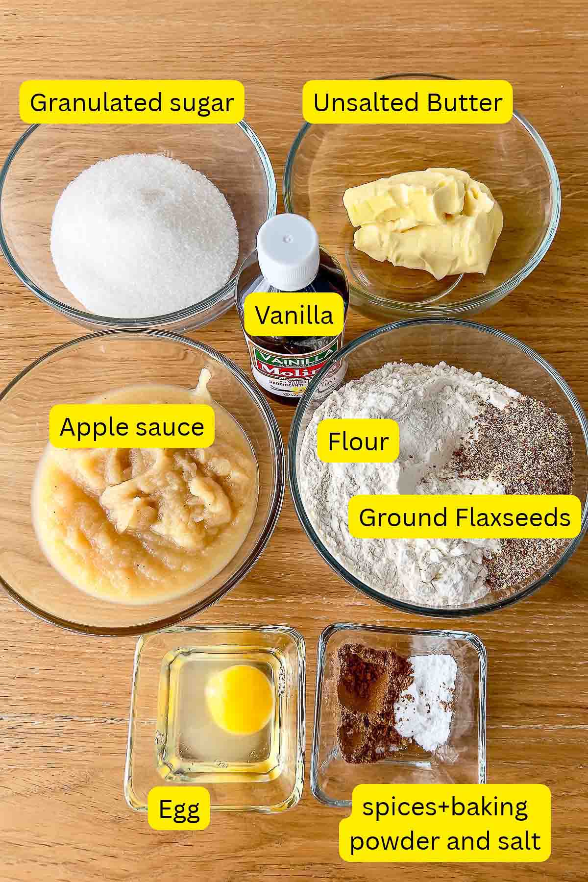 Ingredients for applesauce spiced muffins collage.