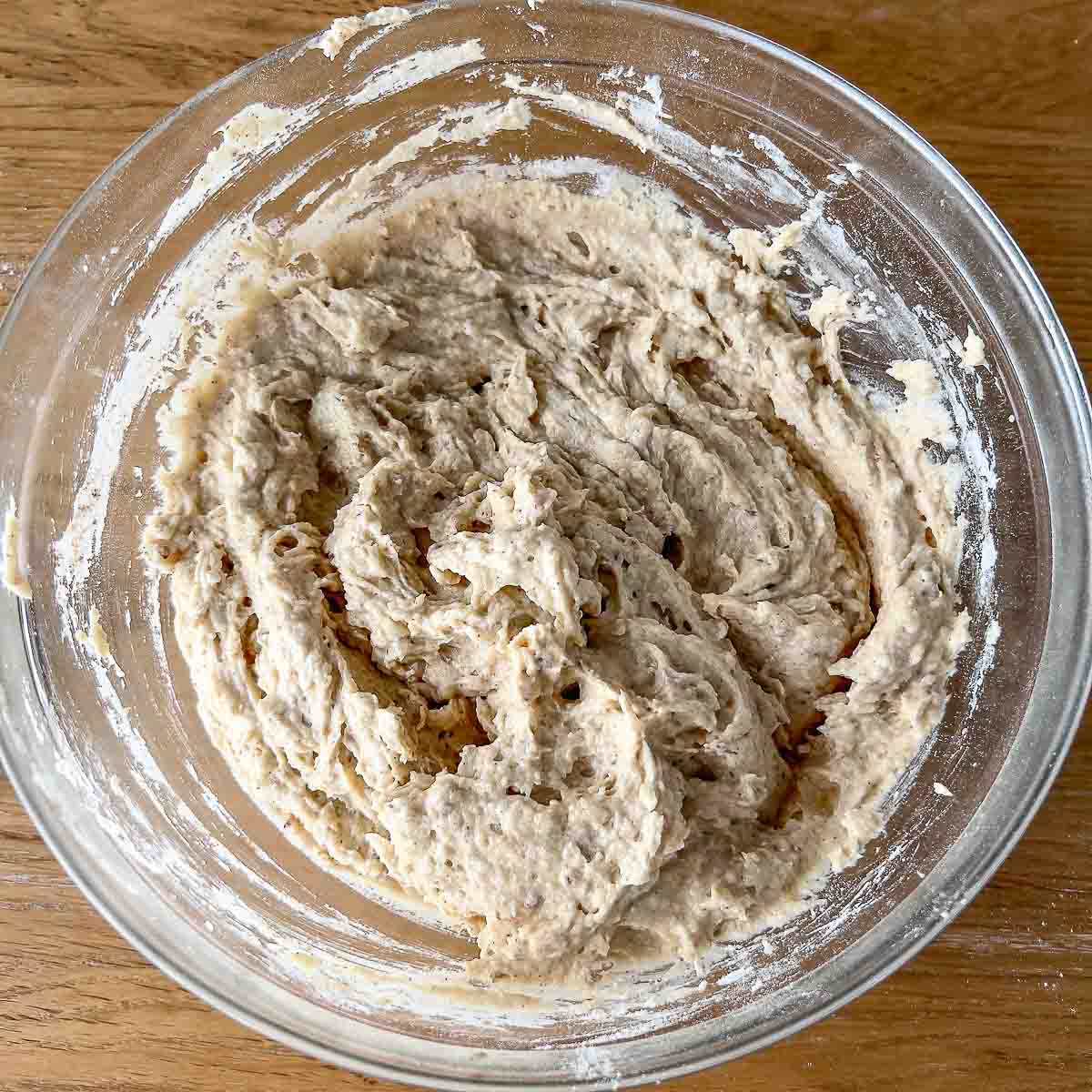 Muffins batter in a glass bowl.
