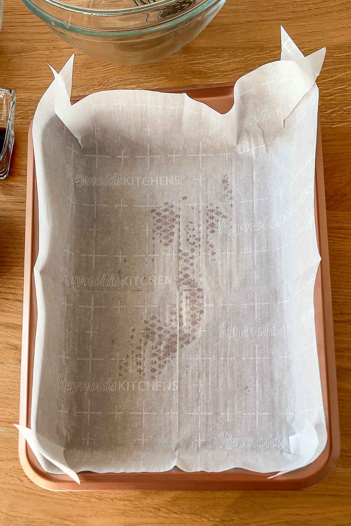 Pan covered with parchment paper.